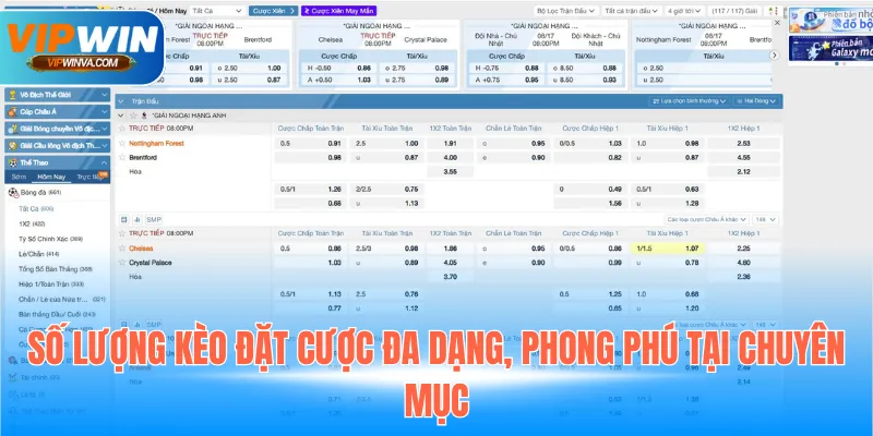 Số lượng kèo đặt cược đa dạng, phong phú tại chuyên mục